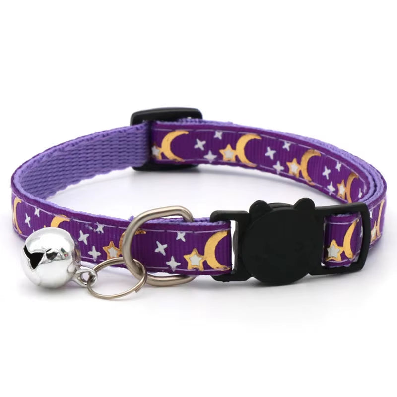 Gold Stars and Moon Cat Collar with Reflective Safety Buckle and Bell Adjustable Cats and Small Dogs Collars