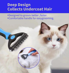 Double Sided Pet Grooming Brush - Stainless Steel Undercoat Rake - Blue & Pink