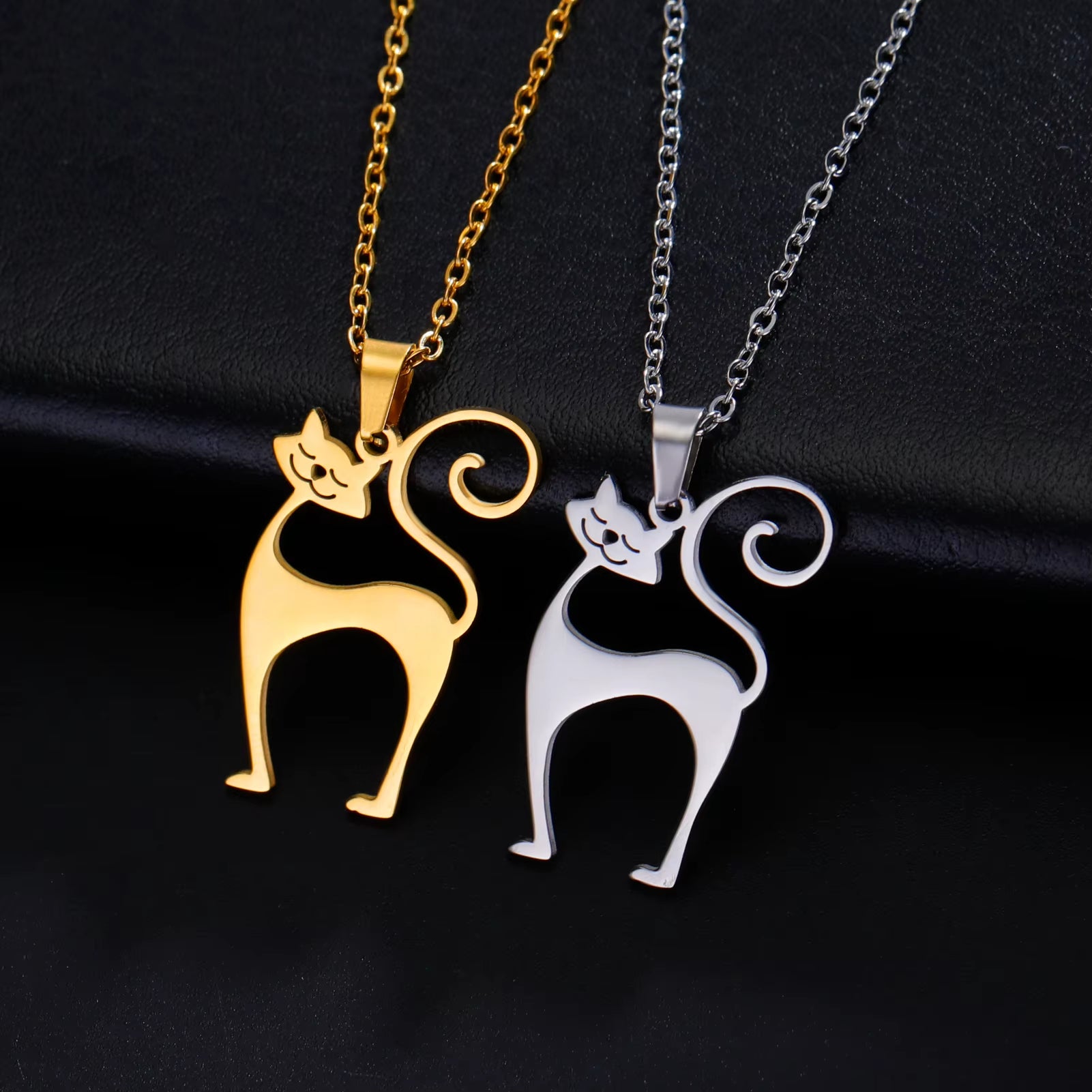 Elegant Cat Pendant Necklace - Gold Stainless Steel Jewelry for Women, Men, Couples, and Children