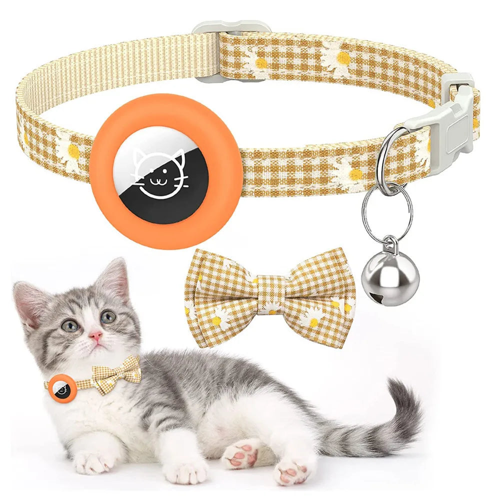 Breakaway Cat Airtag Holder Checkered Printed Bowvcollar Adjustable Kitten Cat Collar with Bell Pet Air Tag Case