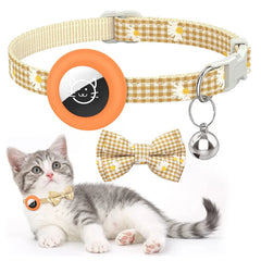 Breakaway Cat Airtag Holder Checkered Printed Bowvcollar Adjustable Kitten Cat Collar with Bell Pet Air Tag Case