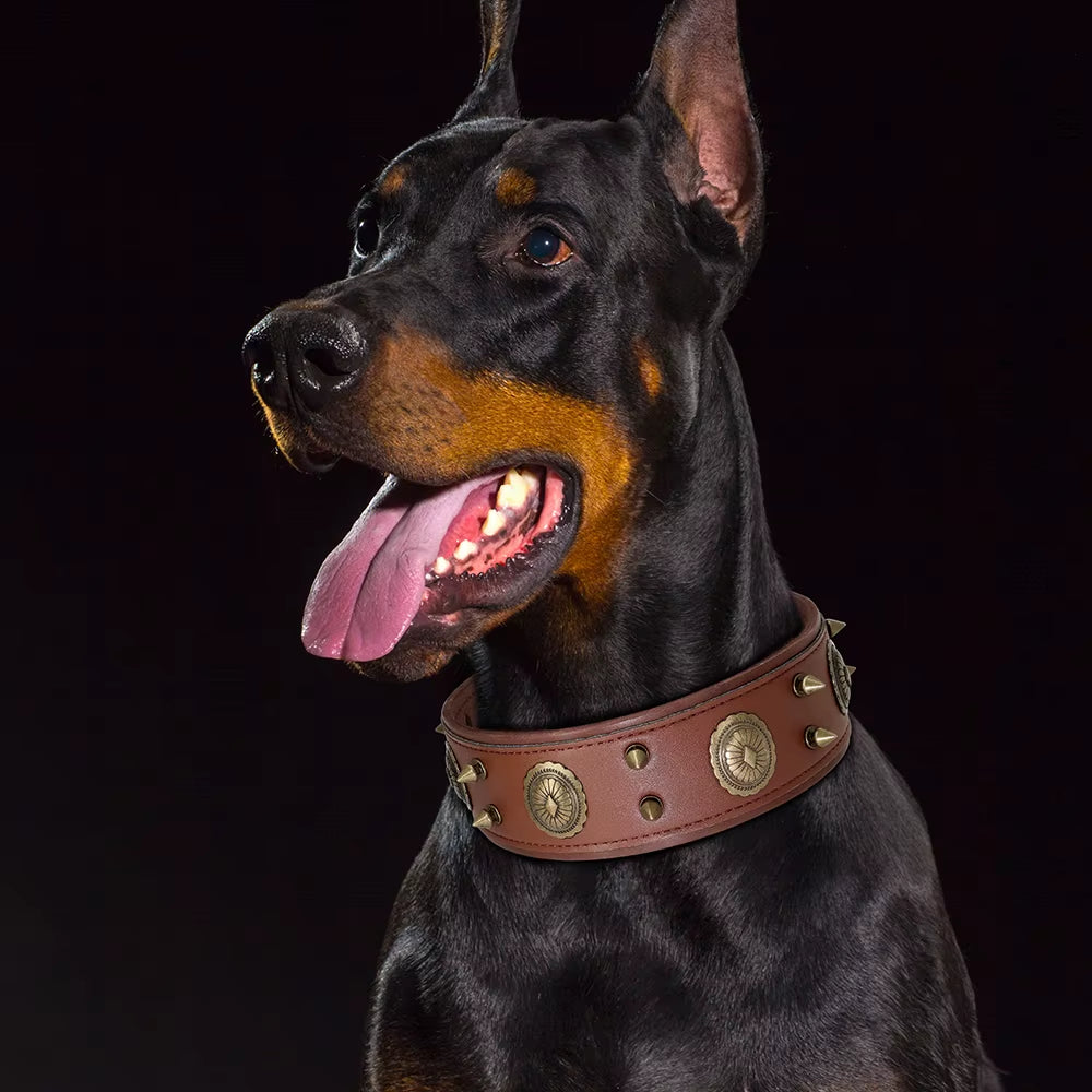 Super Cool Pet Dog Collar Genuine Leather Spiked Studded Collars Adjustable Big Dog Collar for Medium Large Dogs Pitbull Correa
