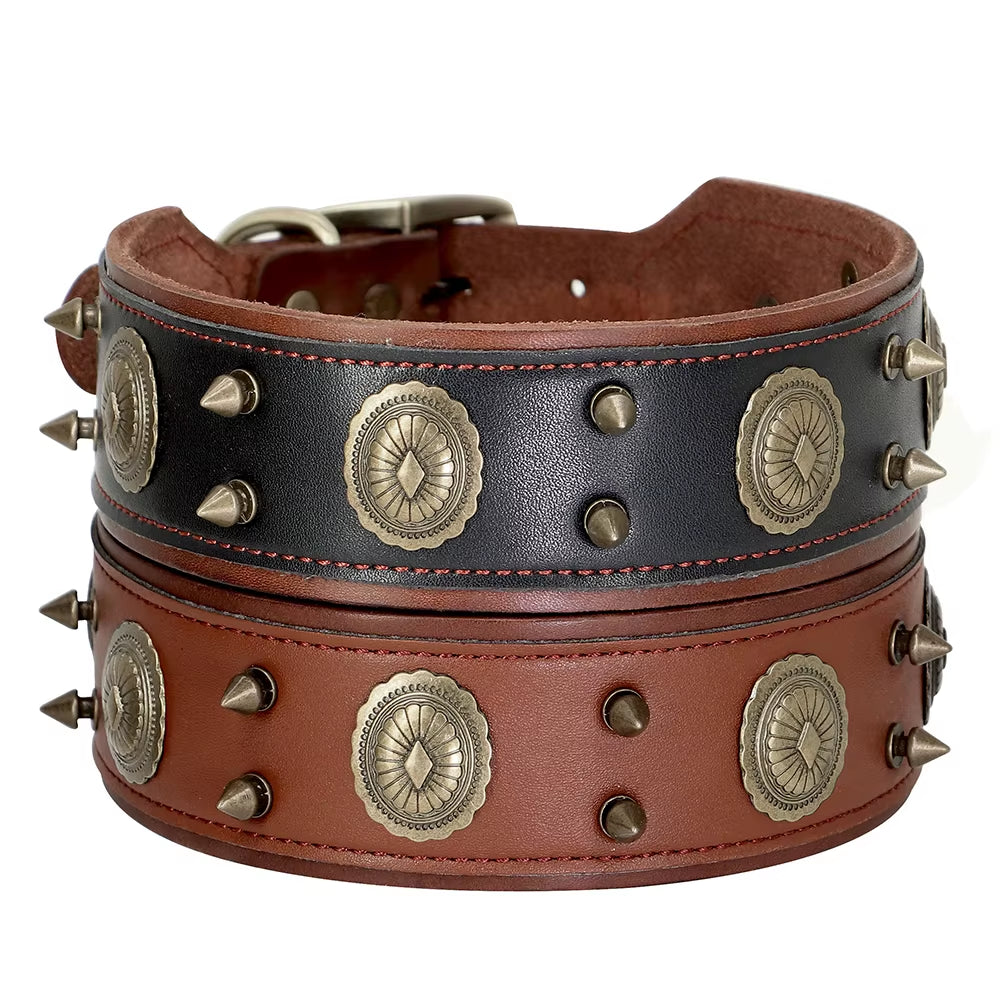 Super Cool Pet Dog Collar Genuine Leather Spiked Studded Collars Adjustable Big Dog Collar for Medium Large Dogs Pitbull Correa
