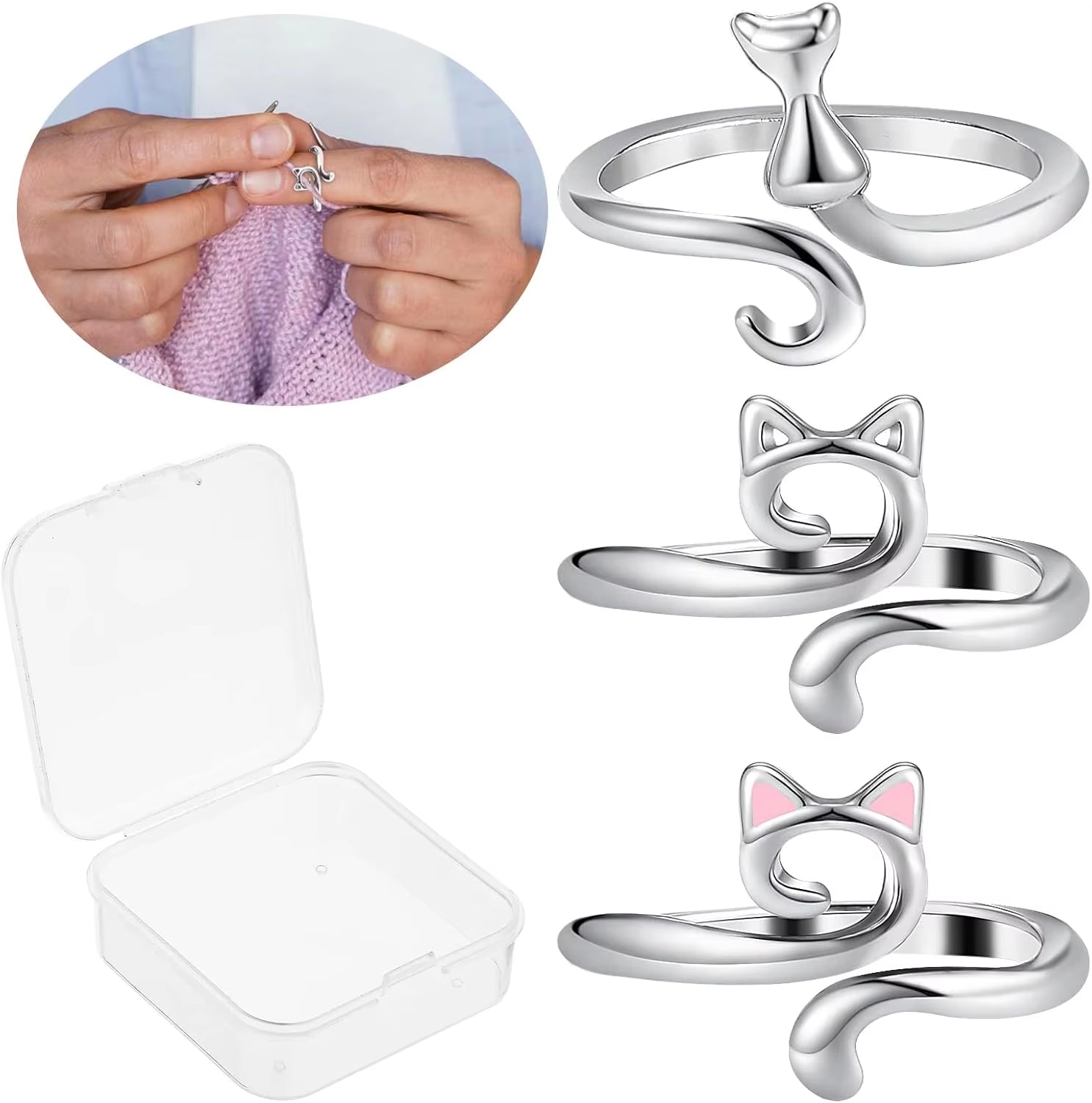 Set of 3 Adjustable Cat-Themed Rings in Gift Box - Crochet Loop Design for Women, Ideal for Cocktail Parties and Birthdays