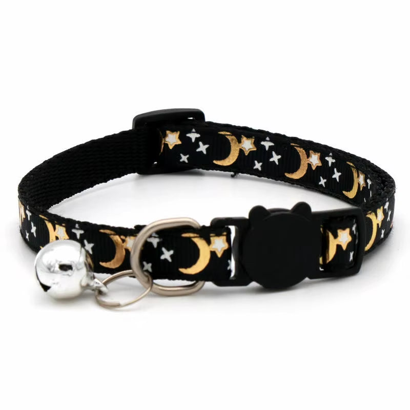 Gold Stars and Moon Cat Collar with Reflective Safety Buckle and Bell Adjustable Cats and Small Dogs Collars
