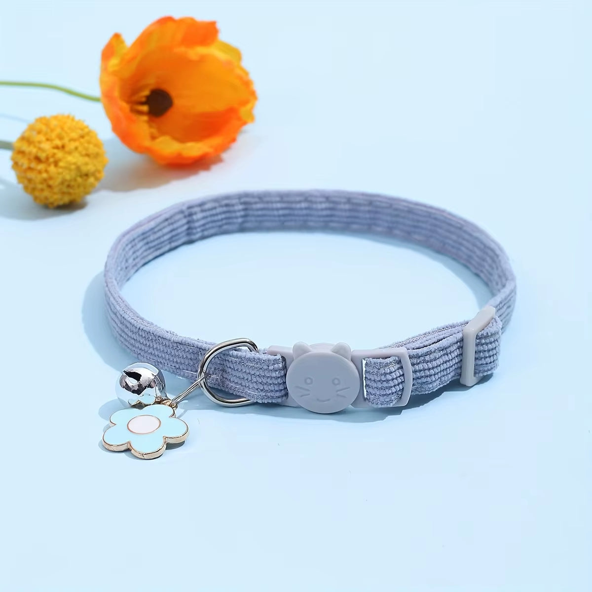 Adjustable Cat Collar with Bell, Safety Snap Hook, Polyester Material, Small Breed Recommended, Flower Charm Design