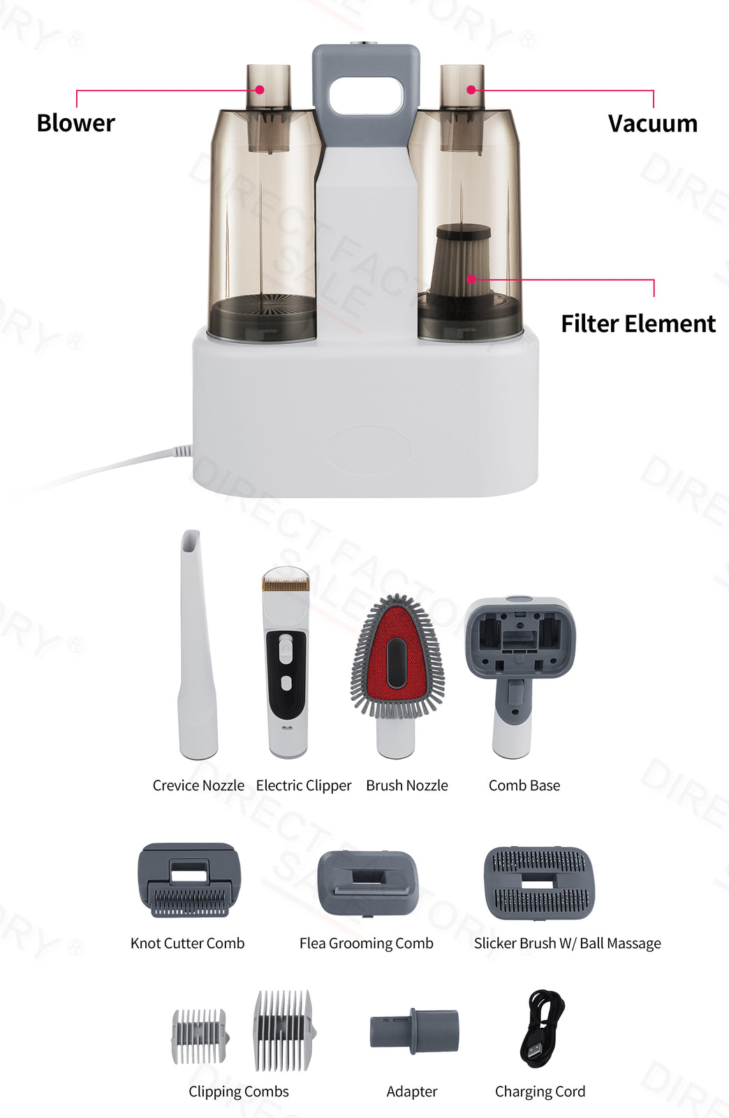 Pet Grooming Hair Dryer and Vacuum Cleaner Set with Clipper and Brush