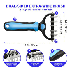 Double Sided Pet Grooming Brush - Stainless Steel Undercoat Rake - Blue & Pink