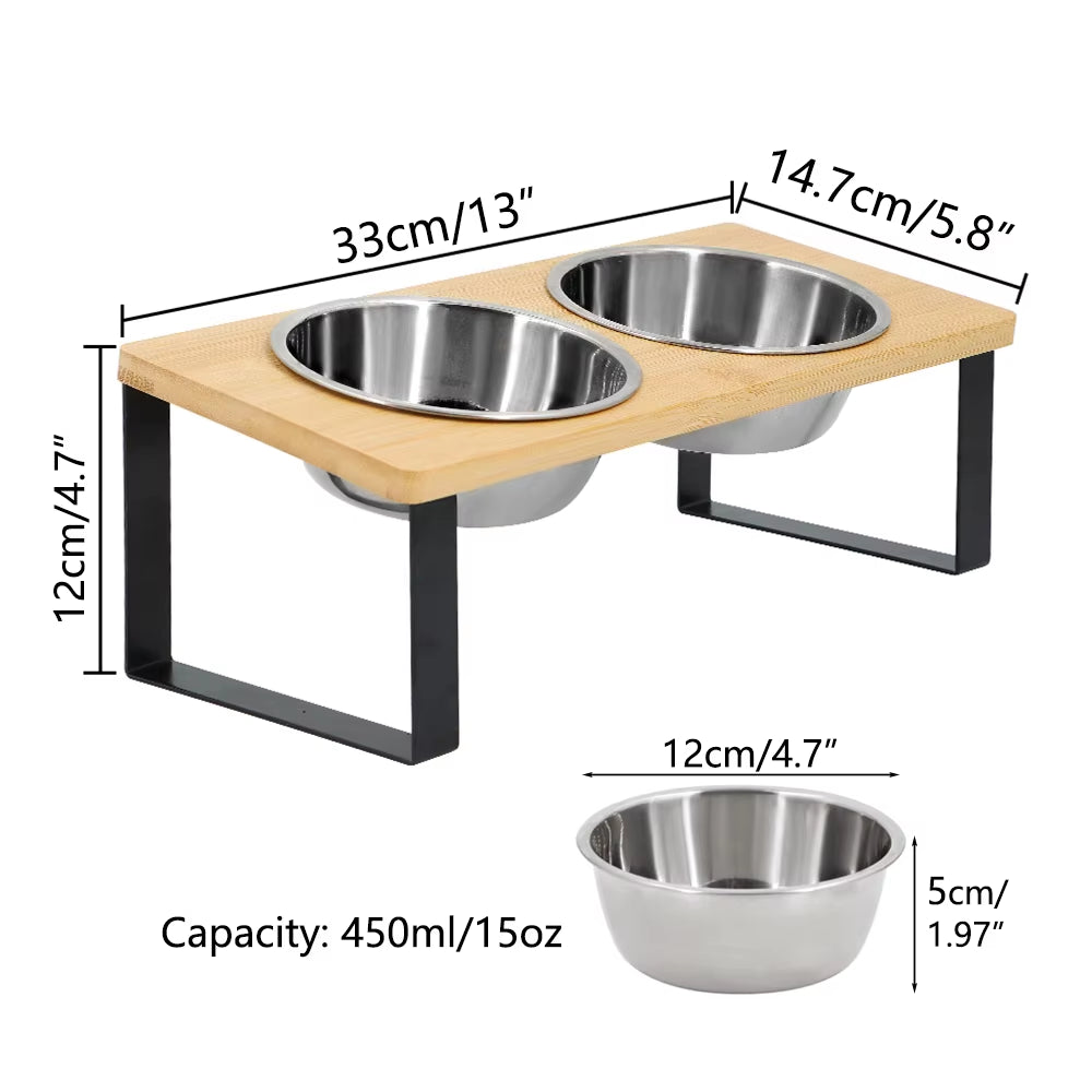 Elevated Cat Bowls Pet Feeder 15° Tilted Raised Cat Food Bowls with Wooden Stand 2 Stainless Steel Bowls for Cats and Puppy