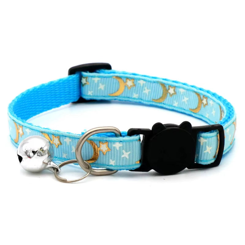 Gold Stars and Moon Cat Collar with Reflective Safety Buckle and Bell Adjustable Cats and Small Dogs Collars