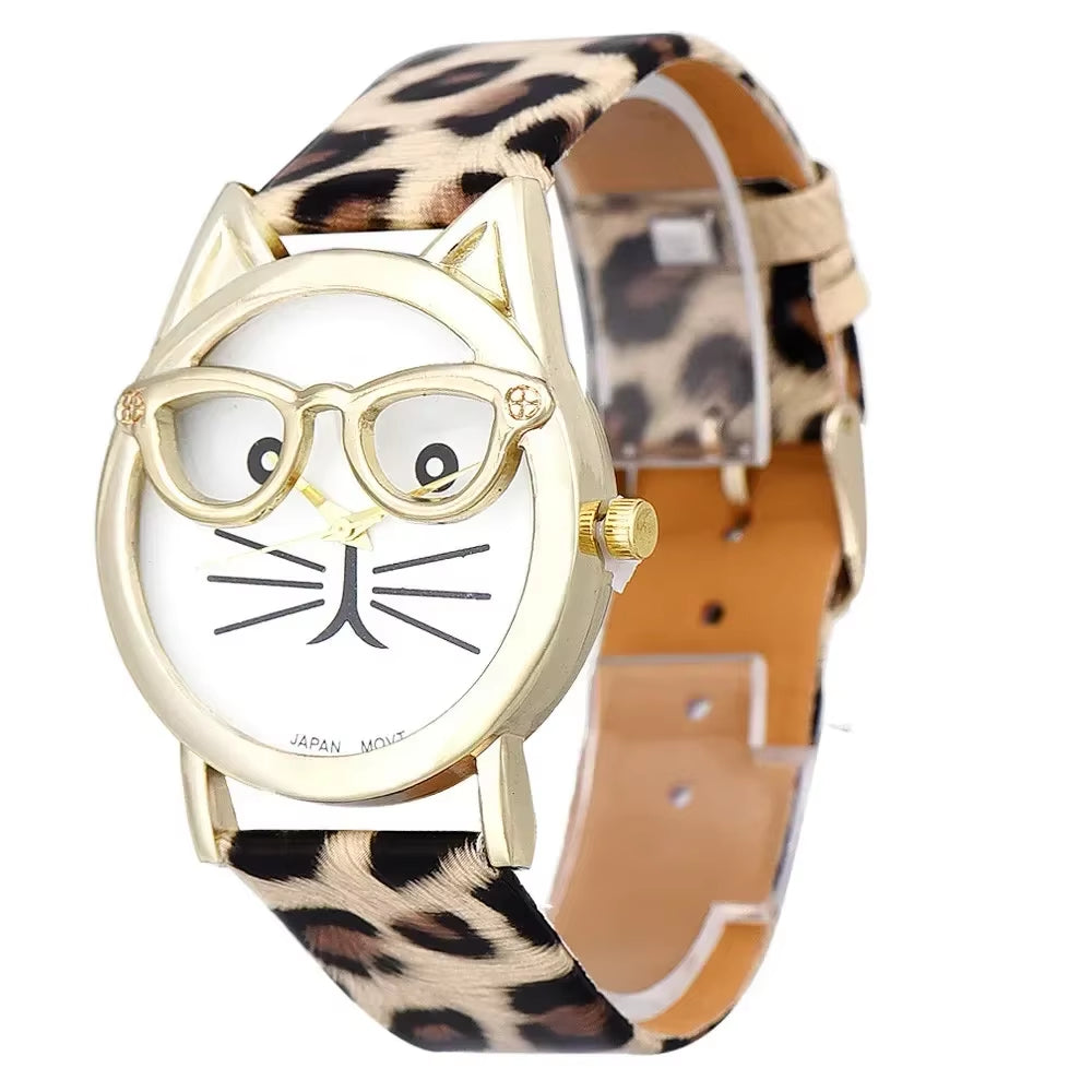 Cute Cat Face Quartz Watch – Women’s Faux Leather Band Wristwatch with Glasses Design
