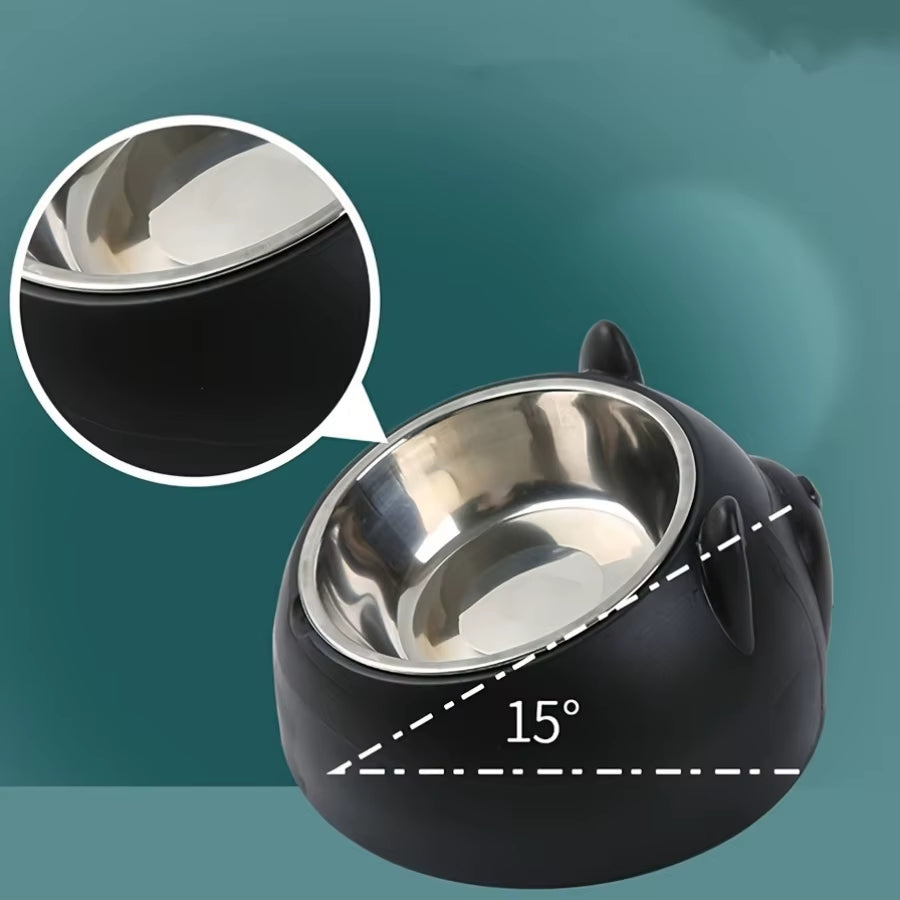 1Pc Elevated Stainless Steel Cat Bowl, Inclined Food & Water Dish with Cute Ear Stand, Neck Protection Design for Cats