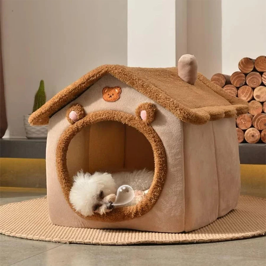 Foldable Plush Pet House – Cozy Winter Cave Bed for Cats & Small Dogs, Removable & Washable