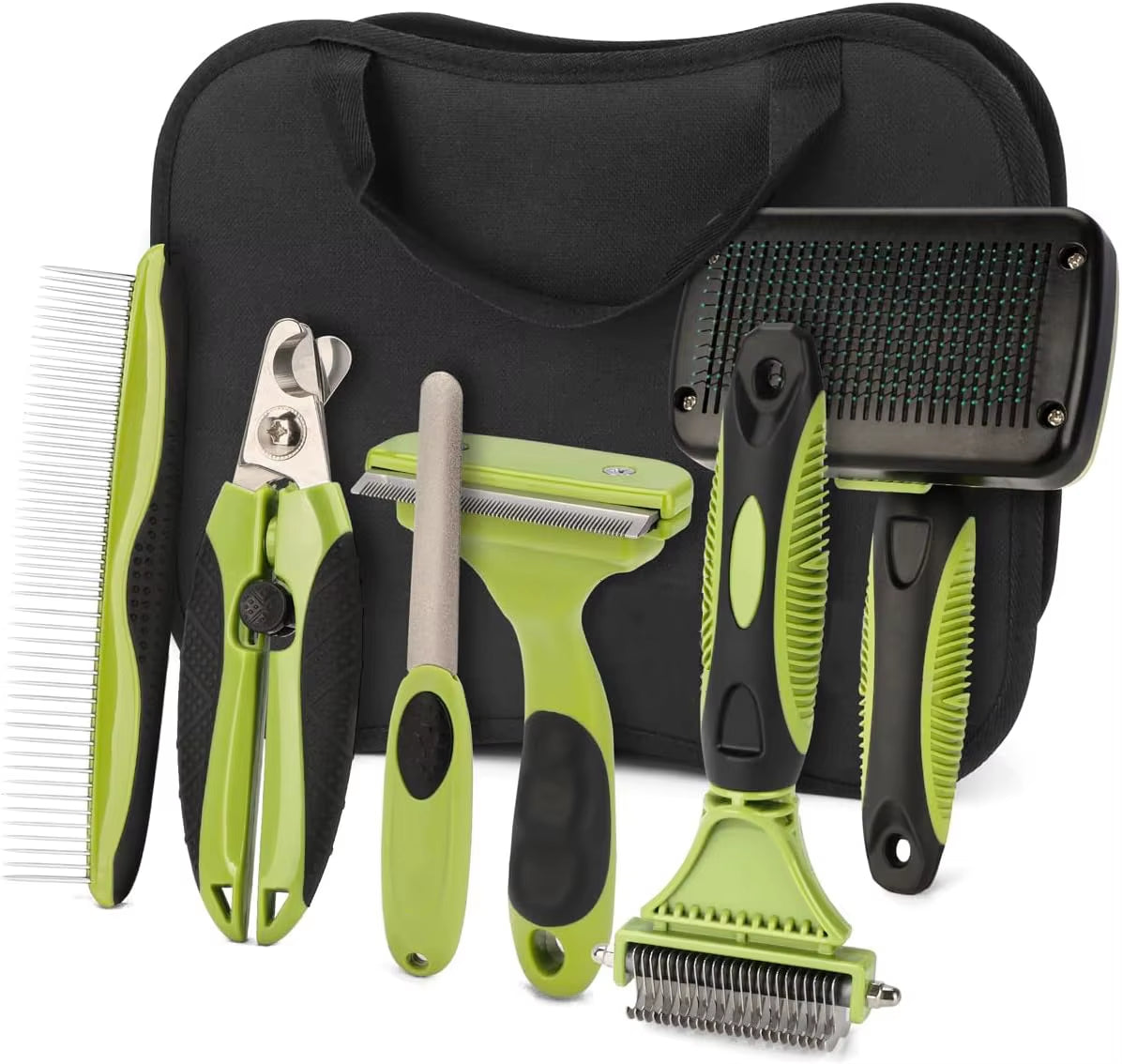 6-piece pet grooming kit with brushes, combs, nail clippers and file in green and black for dogs and cats