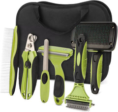 6-piece pet grooming kit with brushes, combs, nail clippers and file in green and black for dogs and cats