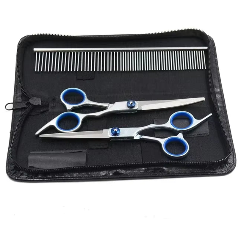 Professional Dog Grooming Scissors Set – 6 Inch Stainless Steel Pet Hair Cutting Kit with Thinning, Straight & Curved Shears + Comb