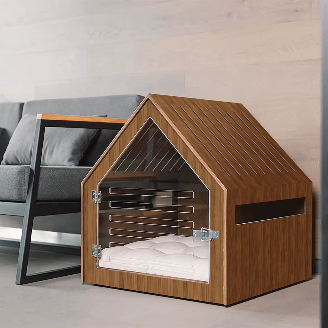 Dog and Cat House with Acrylic Door Stained Wood Dog Kennel Crate Furniture Indoor Dog Cat House
