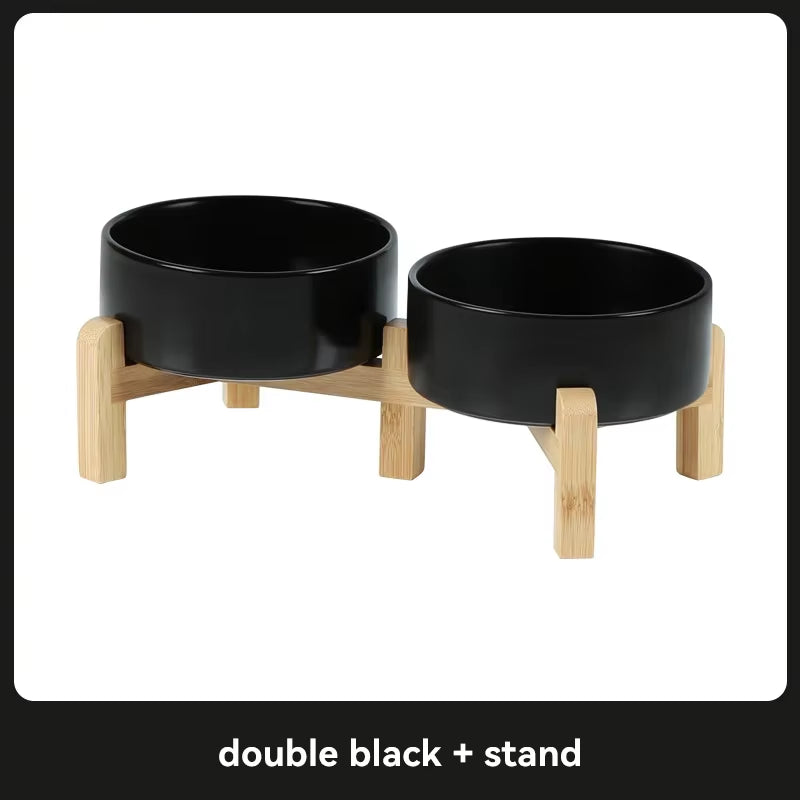 Elevated Pet Bowl for Medium to Large Dogs Ceramic Double Food & Water Bowl with Wooden Stand Cat Drinking & Eating Bowl 1800Ml