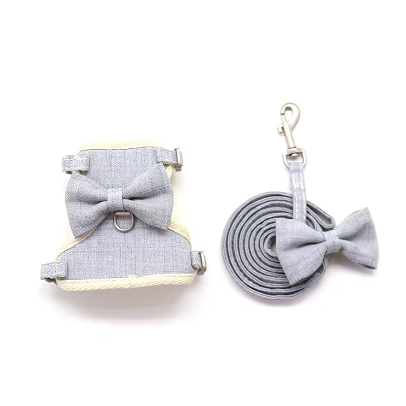 Solid Nylon Pet Dog Harness I Shape Bow Tie Summer Walking Chihuahua Leash Set Durable Medium York Dog Floral Pet Accessories