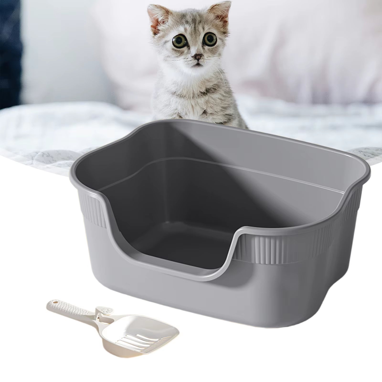 Semi Enclosed Cat Litter Box anti Splashing Cat Toilet Sand Box with Litter Shovel Pet Bedpan Tray Pet Cleaning Supplies