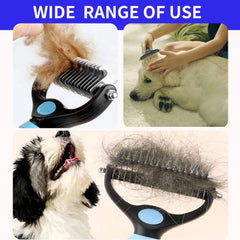 Double Sided Pet Grooming Brush - Stainless Steel Undercoat Rake - Blue & Pink