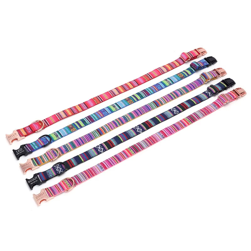 Adjustable Dog Collar Bohemian Stripe Plaid Pet Collar Ethnic Pet Collars with Metal Buckle for Medium to Large Dog Accessories