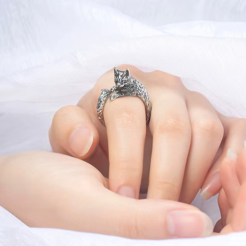 Gothic Silver Adjustable Retro Cat Ring for Men and Women - Handmade Unisex Pet Jewelry Gift