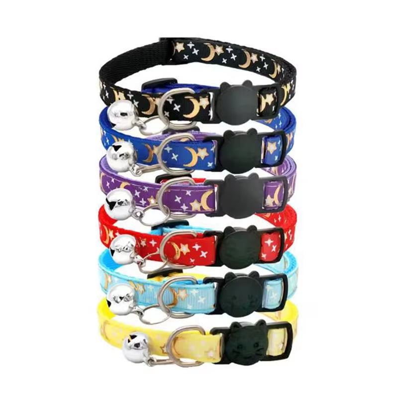 Gold Stars and Moon Cat Collar with Reflective Safety Buckle and Bell Adjustable Cats and Small Dogs Collars