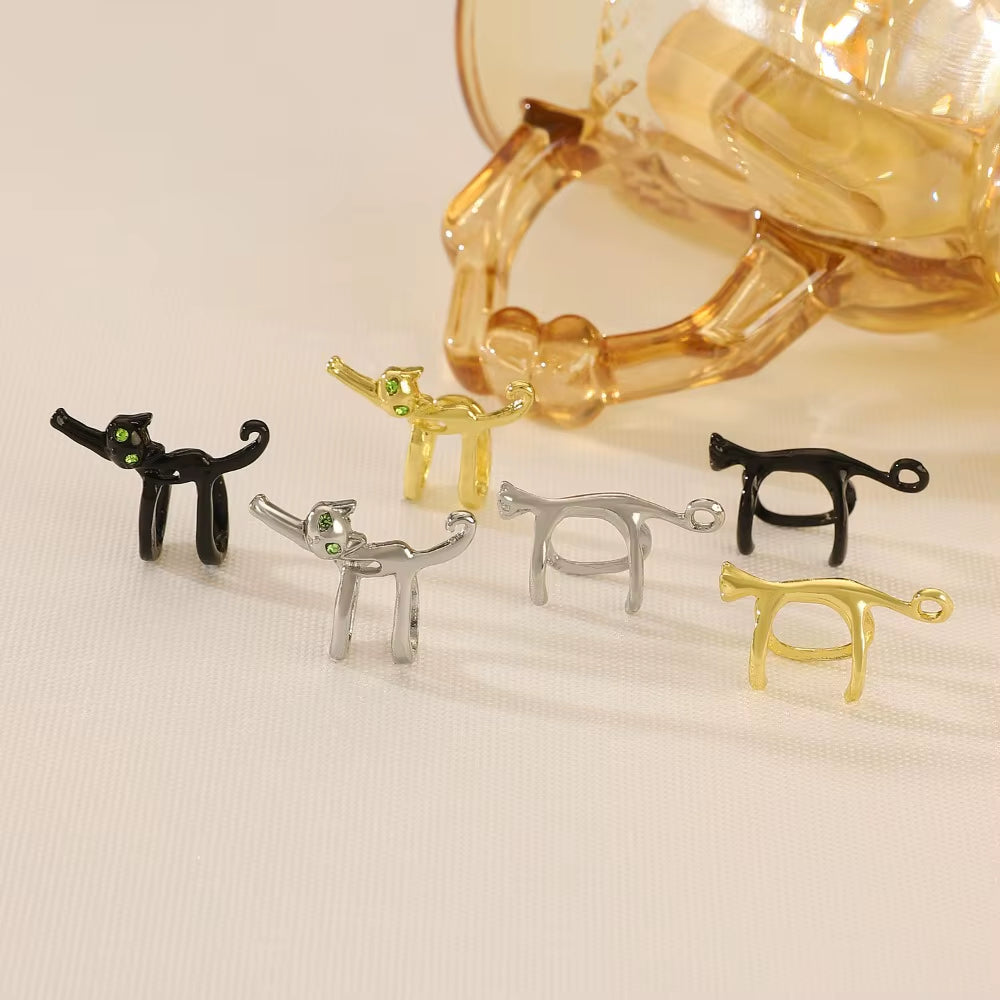 Stylish Cat Elf Clip-On Earrings with Green Eye Design - Unique Metal Fashion Jewelry for Women