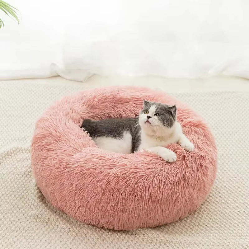 Long Faux Fur Pet Bed Waterproof Plush Donut round Dog Bed Soft Washable Cheap Dog Pet Cat Cushion Bed