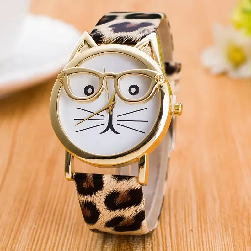 Cute Cat Face Quartz Watch – Women’s Faux Leather Band Wristwatch with Glasses Design
