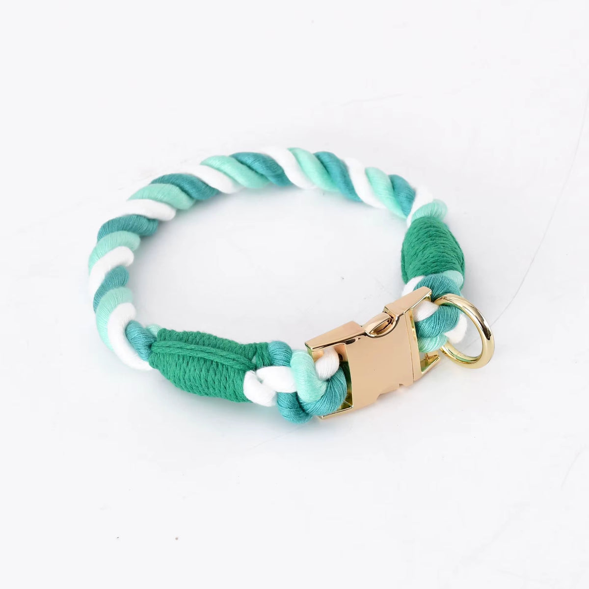 Rainbow Cotton Rope Pet Collar | Soft Hand-Dyed Braided Training Collar with Heavy-Duty Gold Metal Buckle - Unicorn & Green