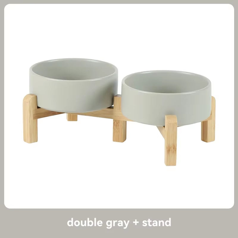 Elevated Pet Bowl for Medium to Large Dogs Ceramic Double Food & Water Bowl with Wooden Stand Cat Drinking & Eating Bowl 1800Ml