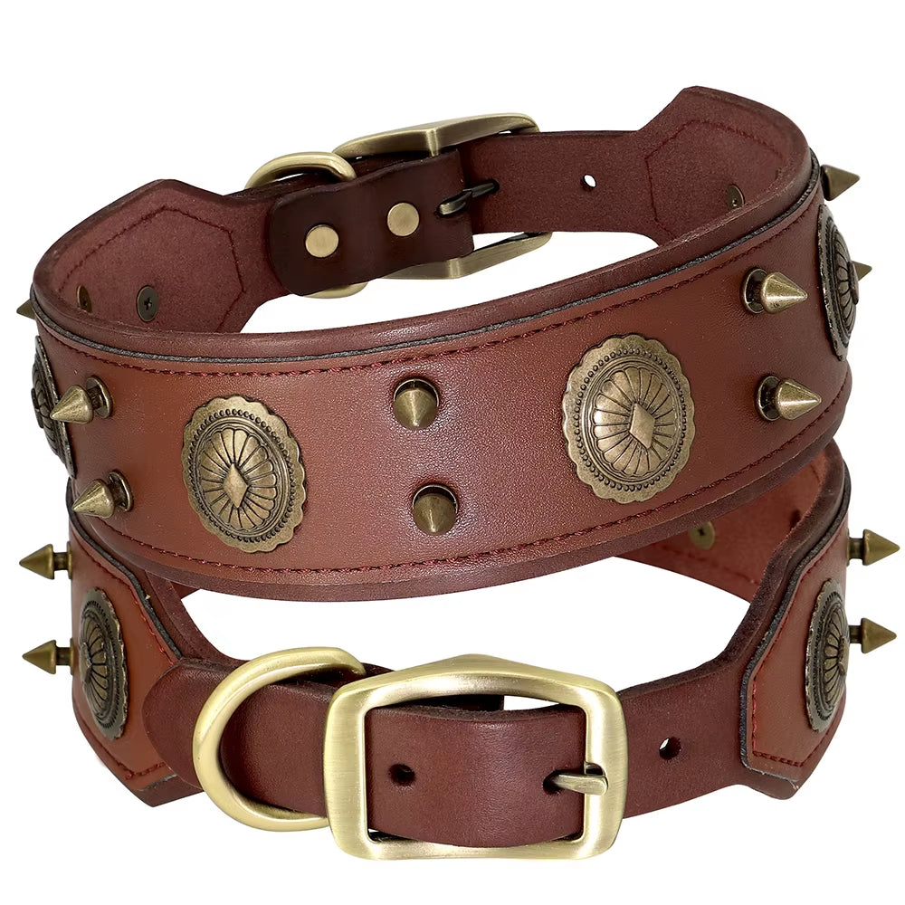 Super Cool Pet Dog Collar Genuine Leather Spiked Studded Collars Adjustable Big Dog Collar for Medium Large Dogs Pitbull Correa