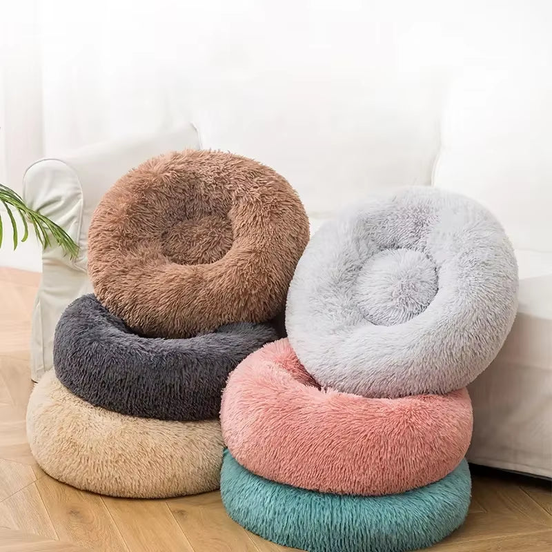 Long Faux Fur Pet Bed Waterproof Plush Donut round Dog Bed Soft Washable Cheap Dog Pet Cat Cushion Bed