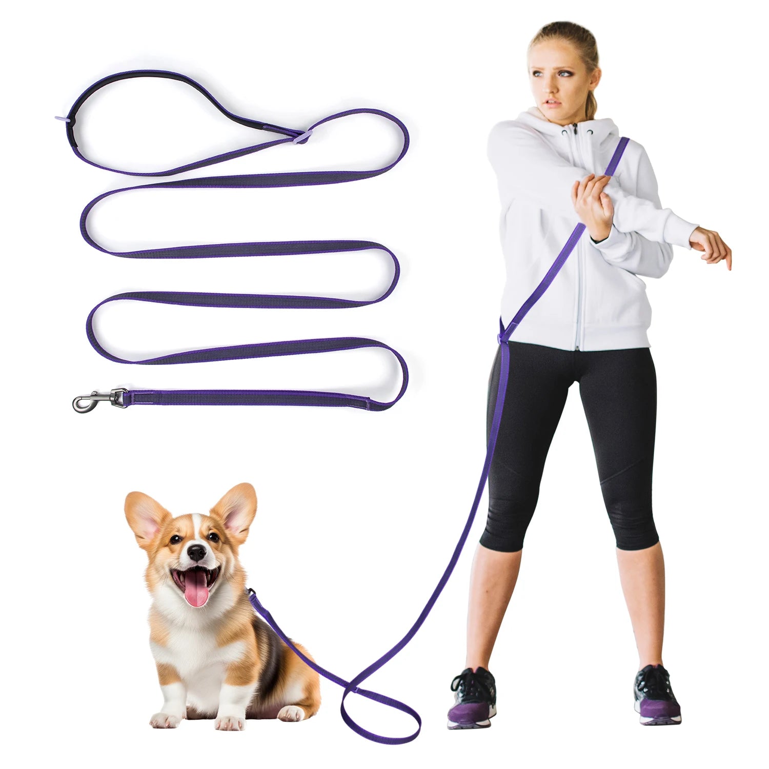Hands Free Double Handle Dog Leash Adjustable Running Crossbody Leash Waist Belt, Multifunctional for Big Medium Pet Walking