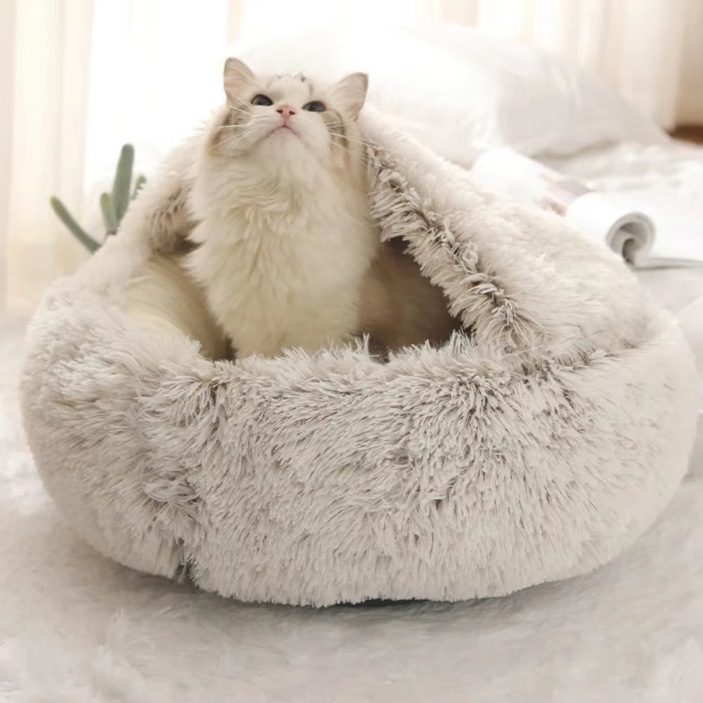 Deluxe Enclosed Plush Pet Bed for Cats - Cozy Round Sleeping Bag and Nesting Cushion