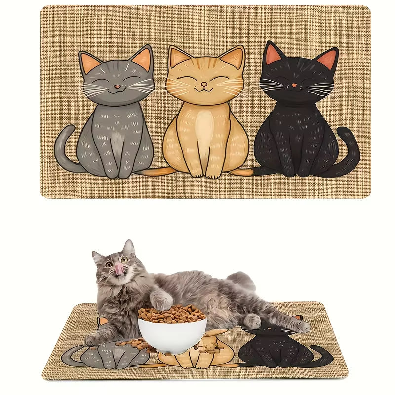 Non-Slip Cat Pattern Pet Feeding Mat - Waterproof Leakproof Dog and Cat Food Placemat - Portable Easy-to-Clean Outdoor Pet Food Pad