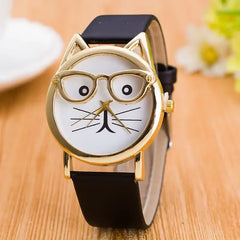 Cute Cat Face Quartz Watch – Women’s Faux Leather Band Wristwatch with Glasses Design