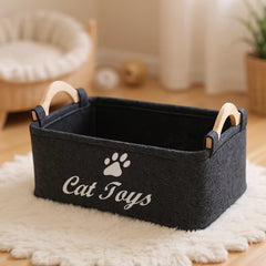 Durable Polyester Cat Toy Storage Box |Graphic Paw Print Design,Pet Toy Organizer Basket for Home Organization,No Battery Needed
