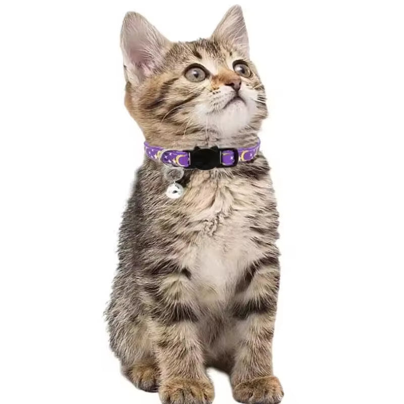 Gold Stars and Moon Cat Collar with Reflective Safety Buckle and Bell Adjustable Cats and Small Dogs Collars