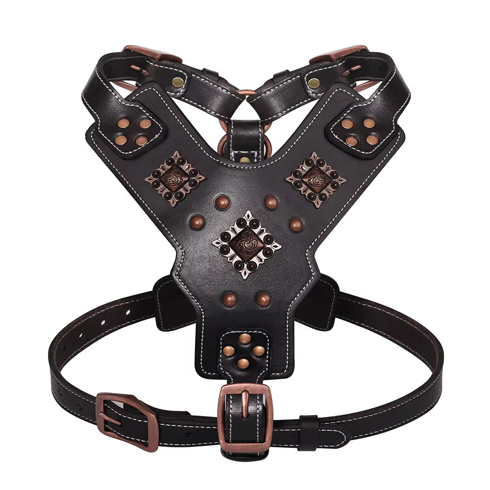 Genuine Leather Dog Harness Durable Large Dogs Harnesses Riveted Pet Training Vest with Metal Accessories for Medium Large Dogs