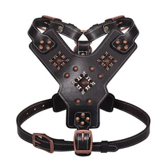 Genuine Leather Dog Harness Durable Large Dogs Harnesses Riveted Pet Training Vest with Metal Accessories for Medium Large Dogs