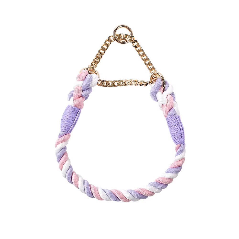 Dog Collar P Chain Comfortable Cotton Dog Collars Adjustable Braided Cotton Multi-Color Rope Collar with Durable Metal Dog Chain