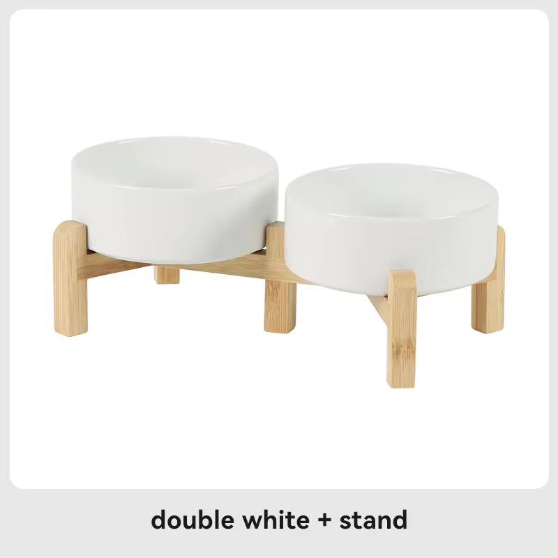 Elevated Pet Bowl for Medium to Large Dogs Ceramic Double Food & Water Bowl with Wooden Stand Cat Drinking & Eating Bowl 1800Ml