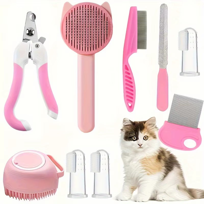 Complete cat grooming kit with multiple brushes, flea combs, nail clippers, silicone toothbrushes, and bath brush displayed alongside a cat.