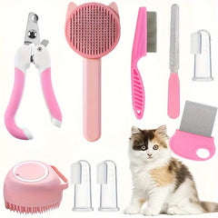 Complete cat grooming kit with multiple brushes, flea combs, nail clippers, silicone toothbrushes, and bath brush displayed alongside a cat.