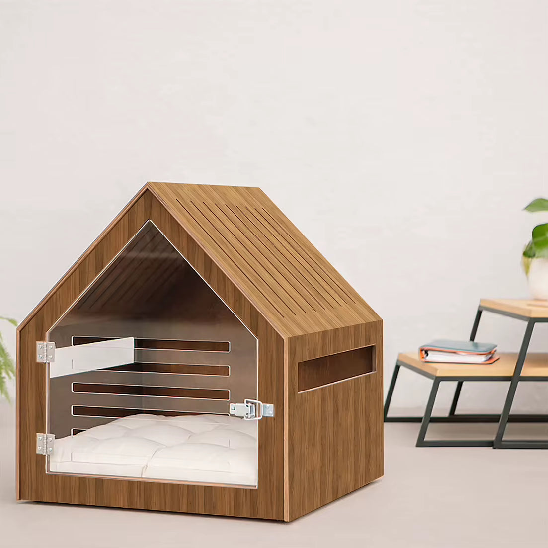 Dog and Cat House with Acrylic Door Stained Wood Dog Kennel Crate Furniture Indoor Dog Cat House