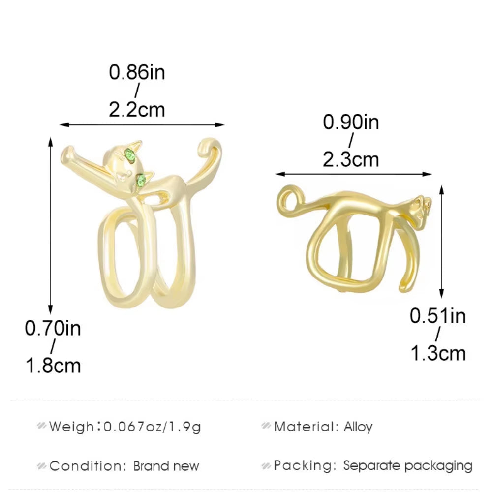 Stylish Cat Elf Clip-On Earrings with Green Eye Design - Unique Metal Fashion Jewelry for Women