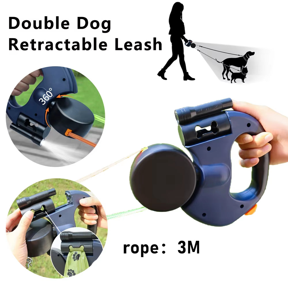 Auto Retractable Double-Ended Dog Leash 3M with LED Flashlight Waste Bag Box Roulette 360 Degree Dual Traction Rope Pet Supplies